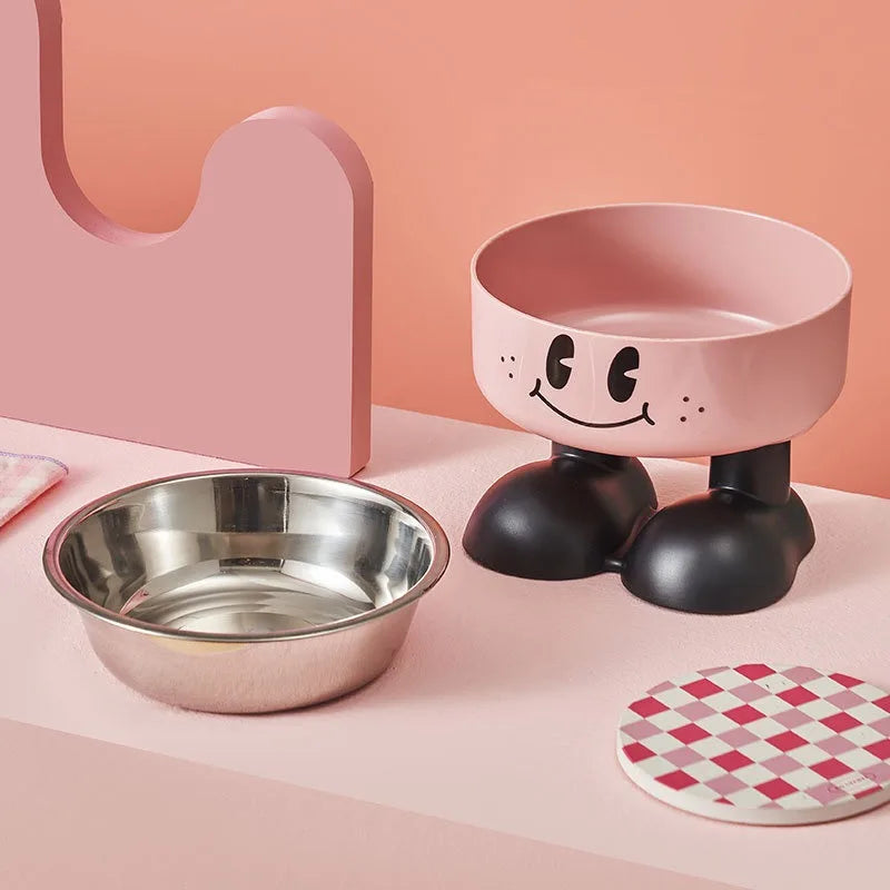 Pet Bowl A smiling face high-legged, fashionable stainless steel large-capacity dog bowl for feeding and water, neck-protectin