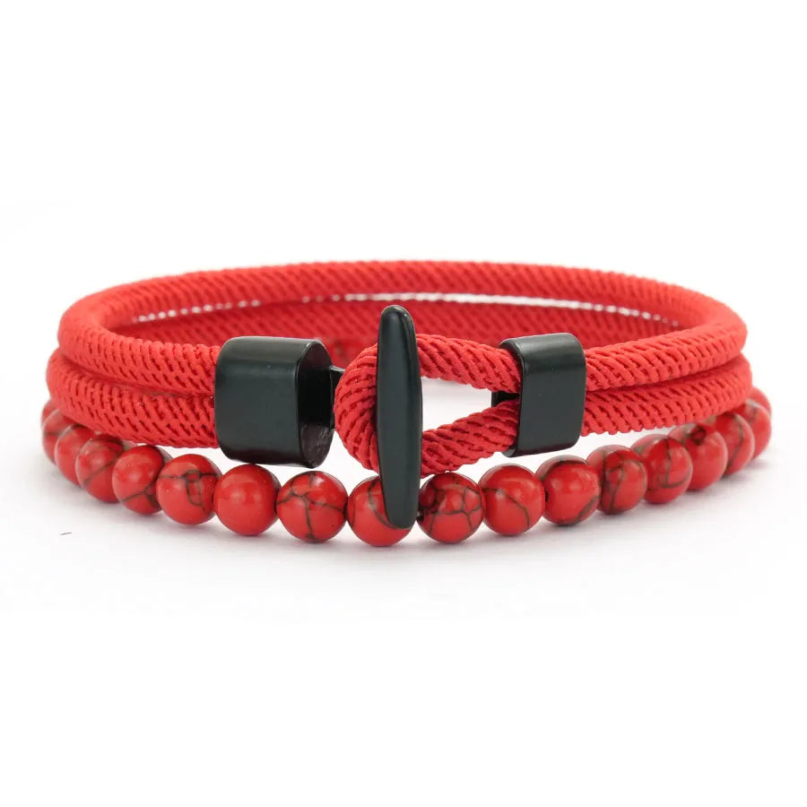 Classic 2Pcs Rope and Beaded Bracelet for Men Handmade Easy Hook Rope Natural Malachite Casual Nautical Jewelry Set Pulseria