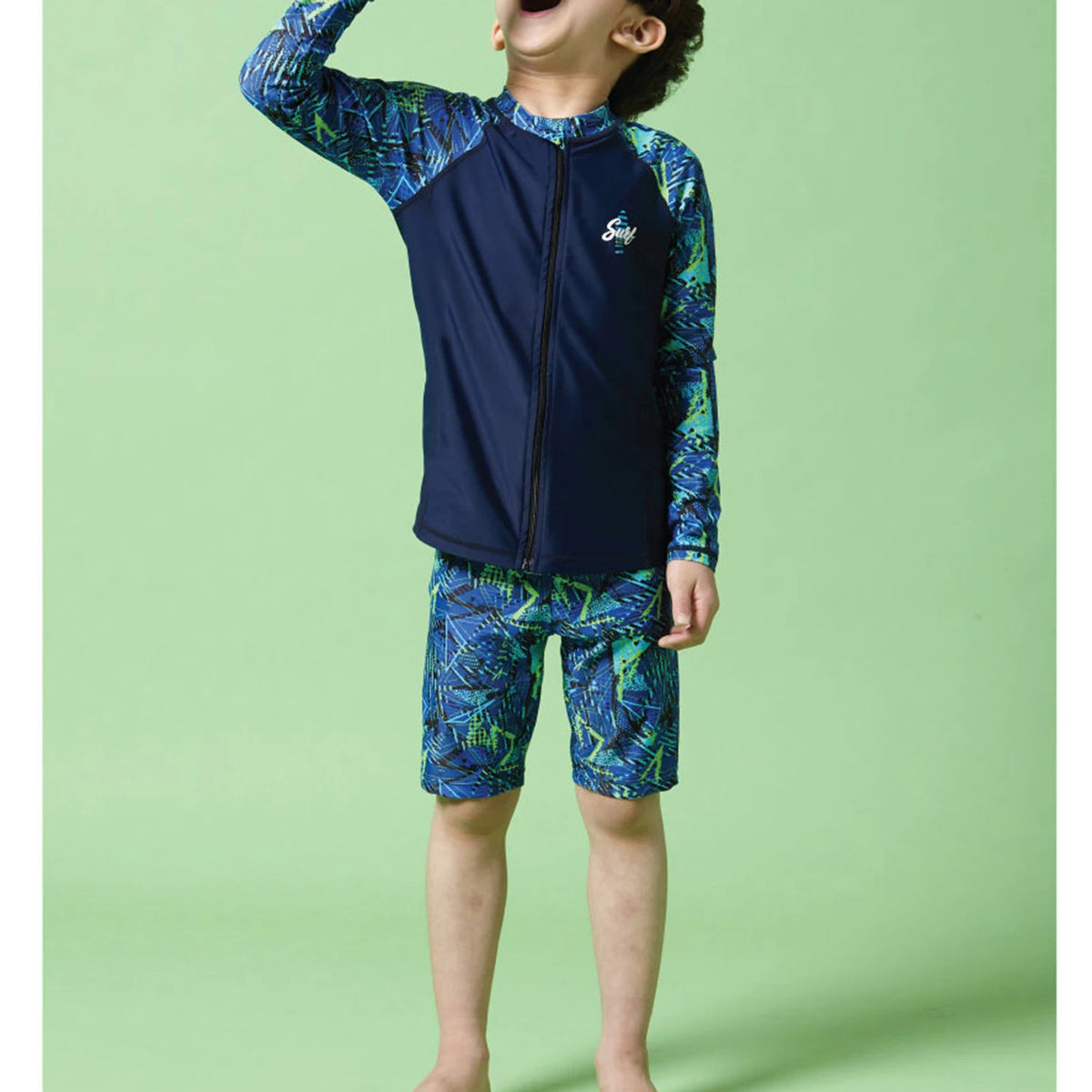 Children Boys Sunscreen Swimsuit Swimwear Long Sleeve Zipper Top with Shorts Hat Rash Guard Wetsuit Beach Pool Bathing Suit