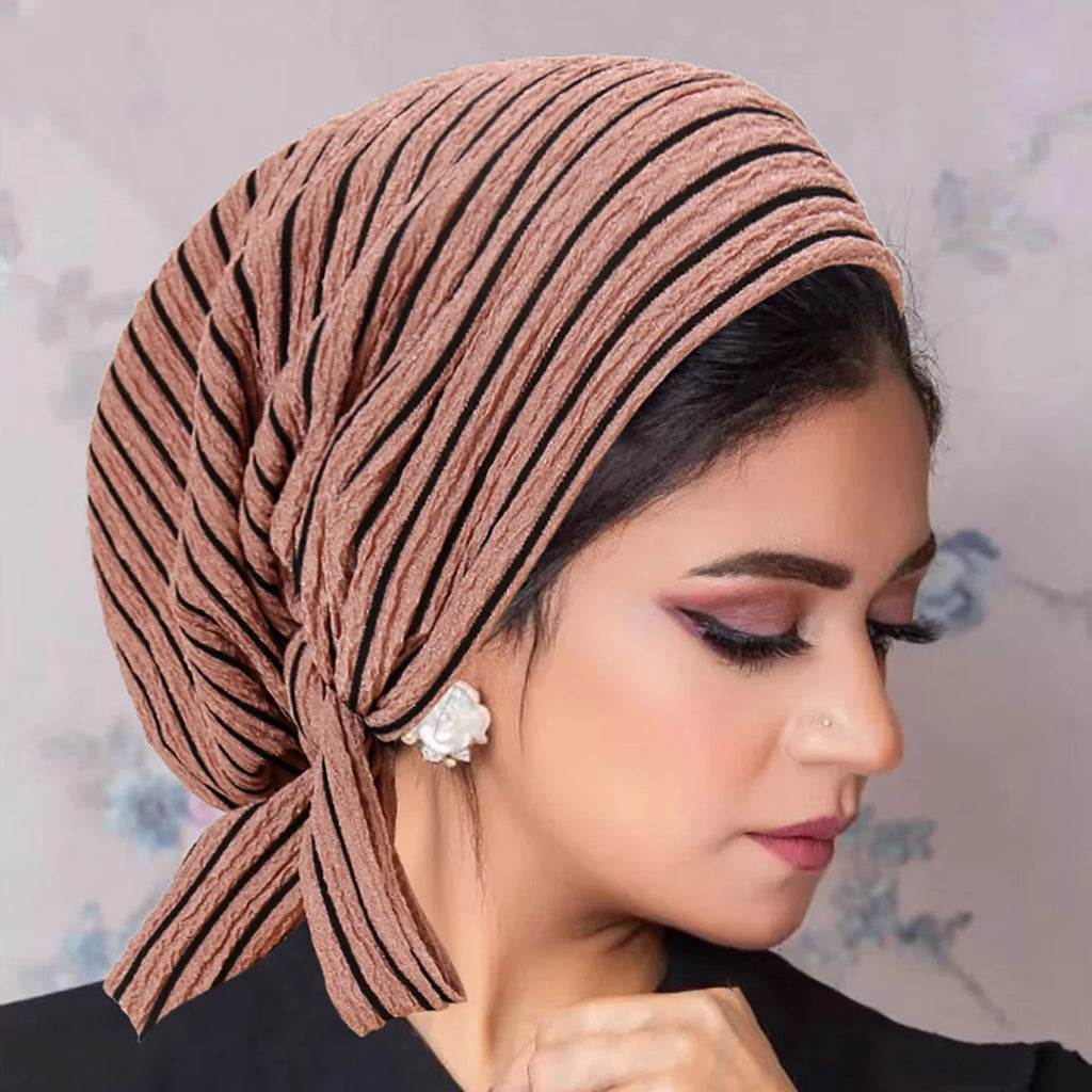 Women Hats 2026 New Fahionable Striped Long Tail Bow Headscarf Hat Chemotherapy Hat Wavy Pattern Caps for Ladies Outfits