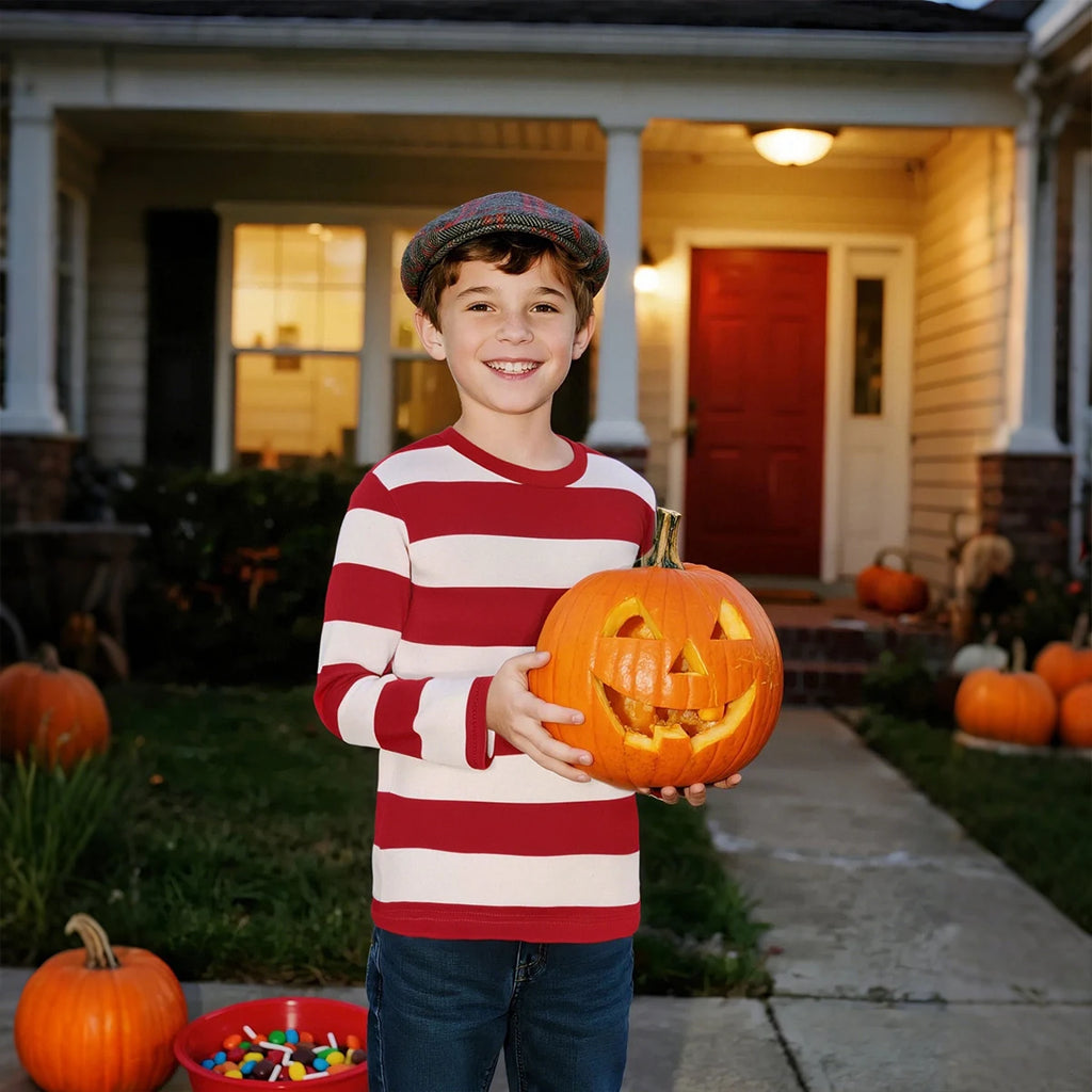 Kids Red and White Striped Shirts Boys Girls Halloween Cosplay Costumes Toddler Christmas Long Sleeve Casual Cotton T Shirts