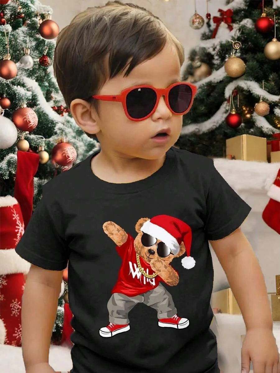 New Boys' T-shirts, Spring and Autumn Children's Colorful Christmas Printed Tops, Baby Base Shirts, Short-sleeved T-shirts