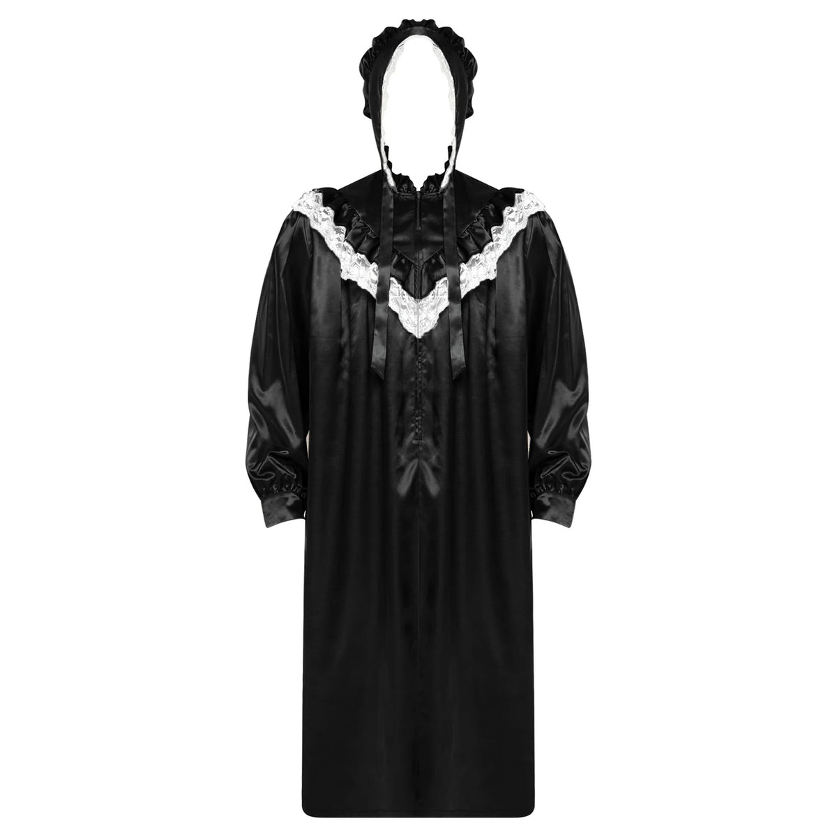 Mens Pajamas Party Vintage Victorian Style Nightgown with Hat Set Ruffled And Lace Trim Long Sleeve Front Zipper Sleep Dress