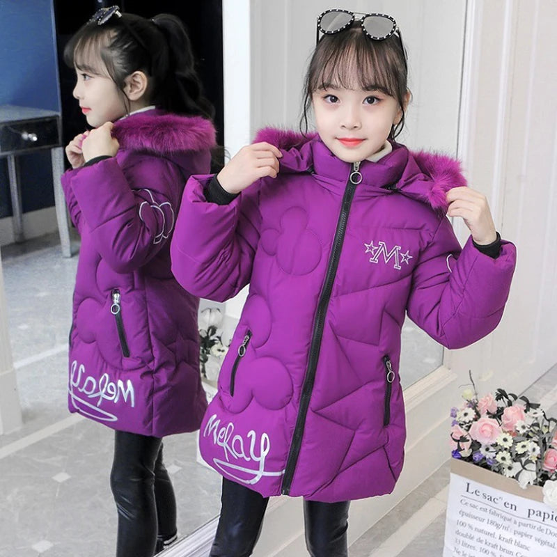 3-12 Years Winter Teen Girls jacket Long Style Letter Decoration Detachable Hat Lined With Velvet Hooded Thick Coat For Kids