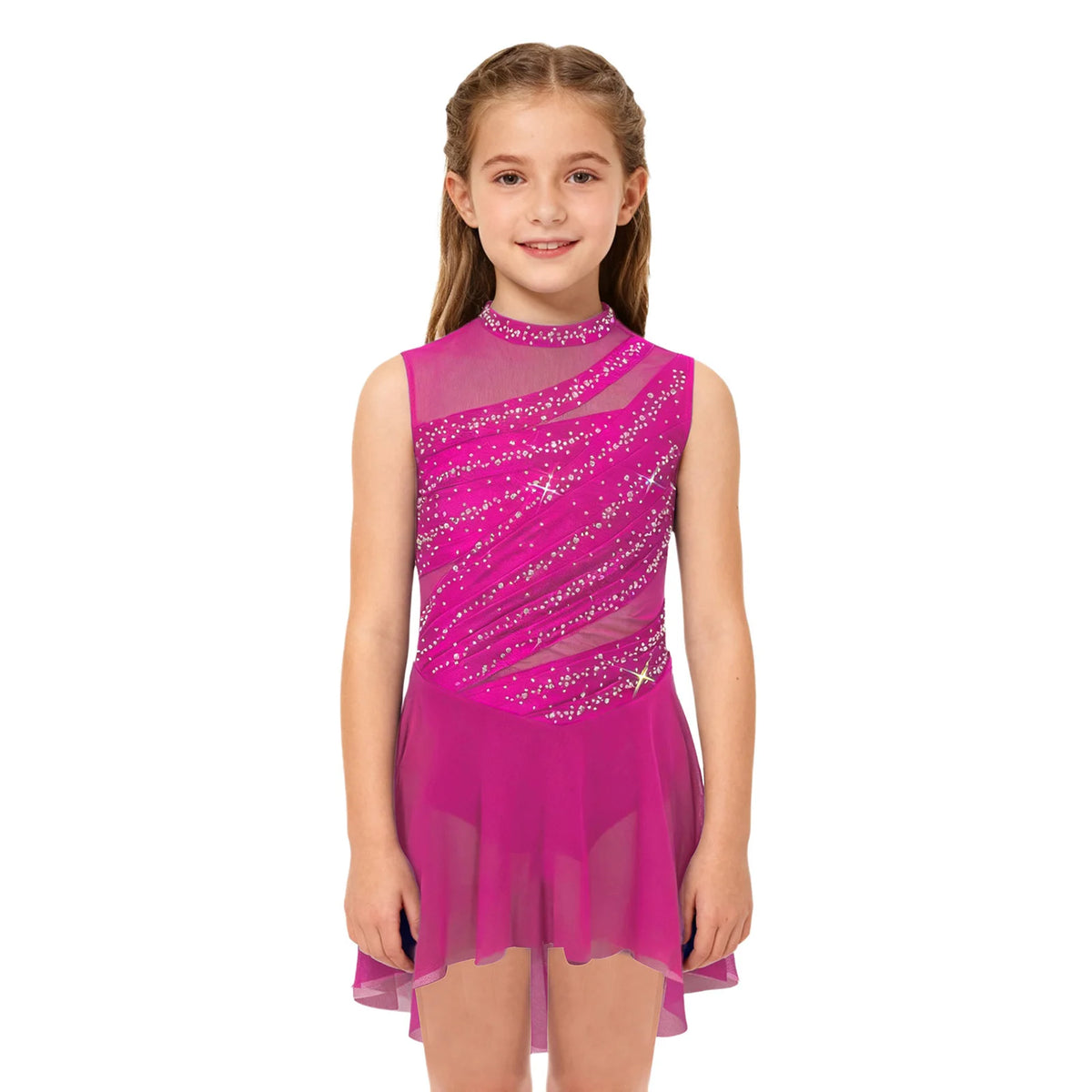 Kids Girls Lyrical Dance Dress Sleeveless Sheer Mesh Patchwork High-Low Hem Ruched Shiny Rhinestone Leotard Dress Ballet Dresses