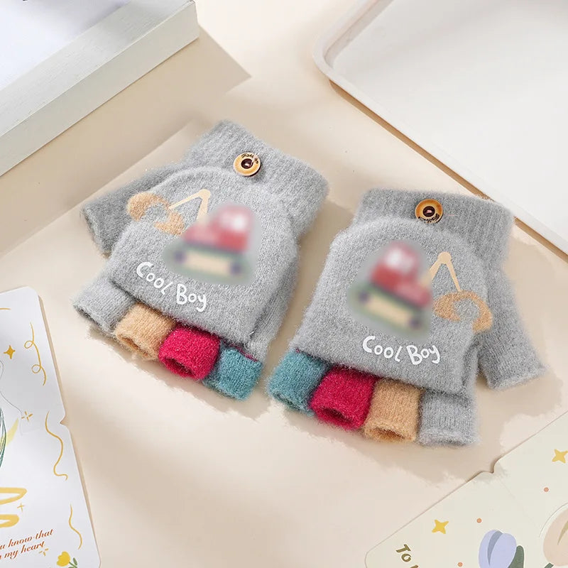 Children's Warm Gloves for Boys and Girls Cartoon Cute Half Finger Knitted Winter Flip Cover Baby Thick Cold Proof Five Fingers