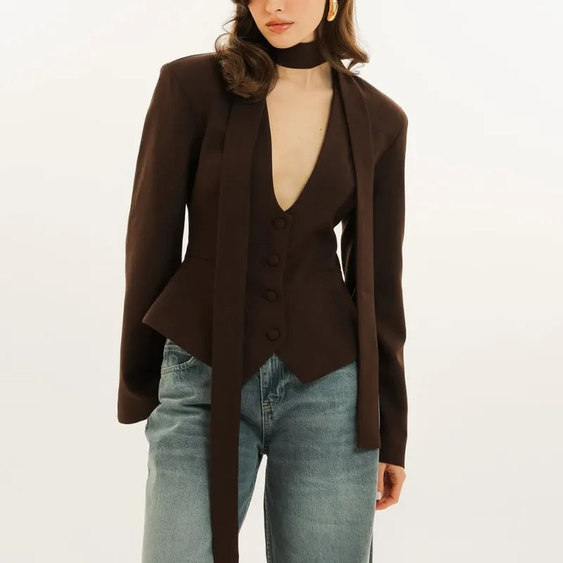Talenza Female Fashion Blazer New Solid V-Neck Scarf Ribbon Long Sleeve Slim Blazer Elegant Luxury Chic Party Women Blazer Coats