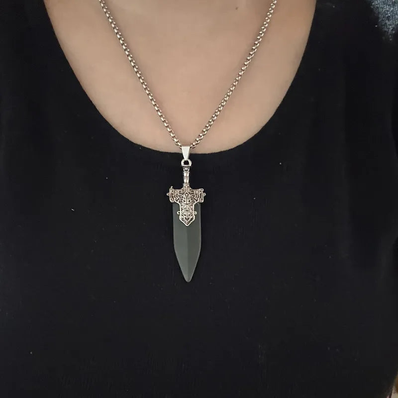 Game Jewelry Men Imitation Jade Sword Necklace Hip hop Necklace Green Vintage Stone Pendant For Man Fans Gifts