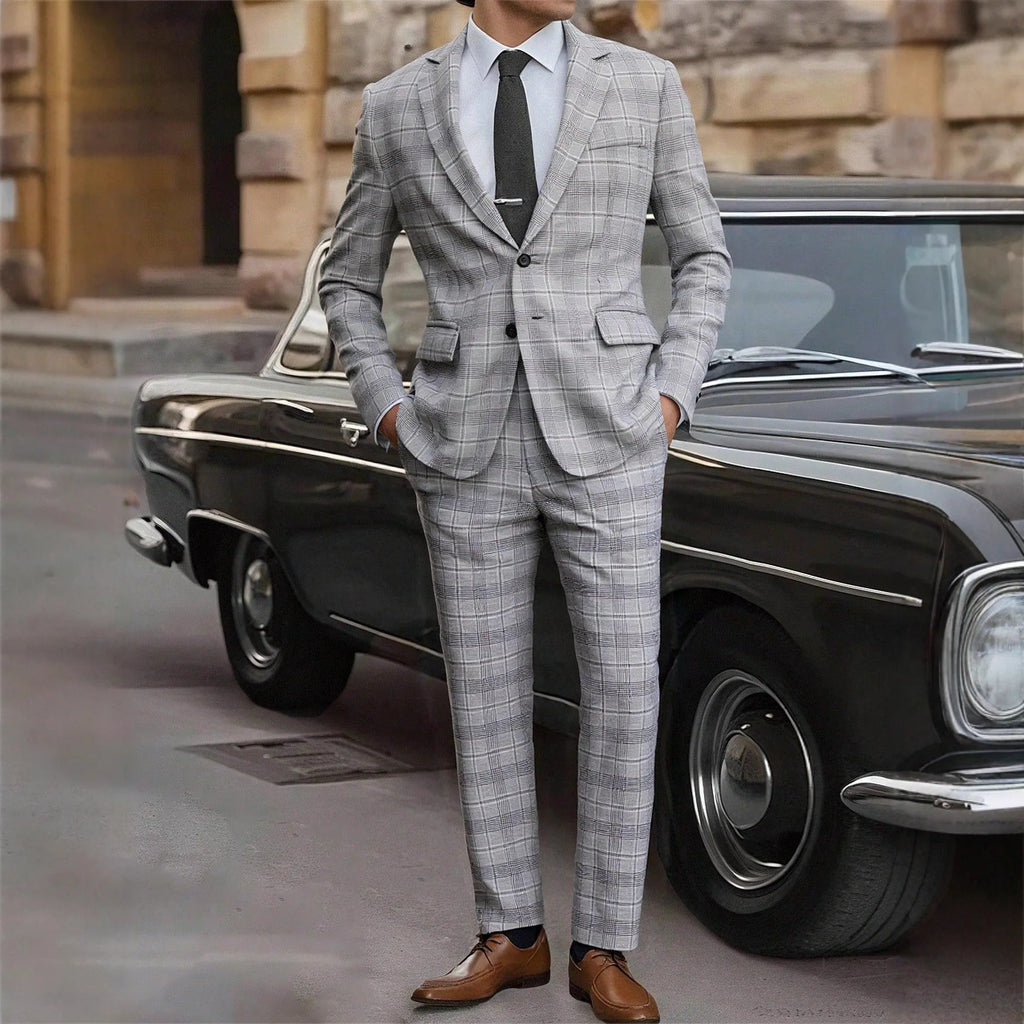 Men Suits  Two Pieces Blazers Ankle Length Straight Pants Plaid Blazer Zipper Fly Business Spliced Summer Office Male 2026