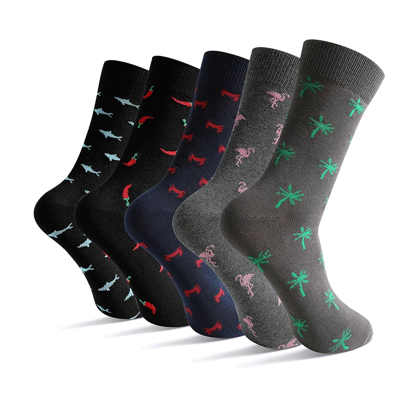5 Pairs Men's Socks Cotton Business New Fashion Funny Sock With Print Animals Cartoon Middle Sock Male Casual Dresses Clothing