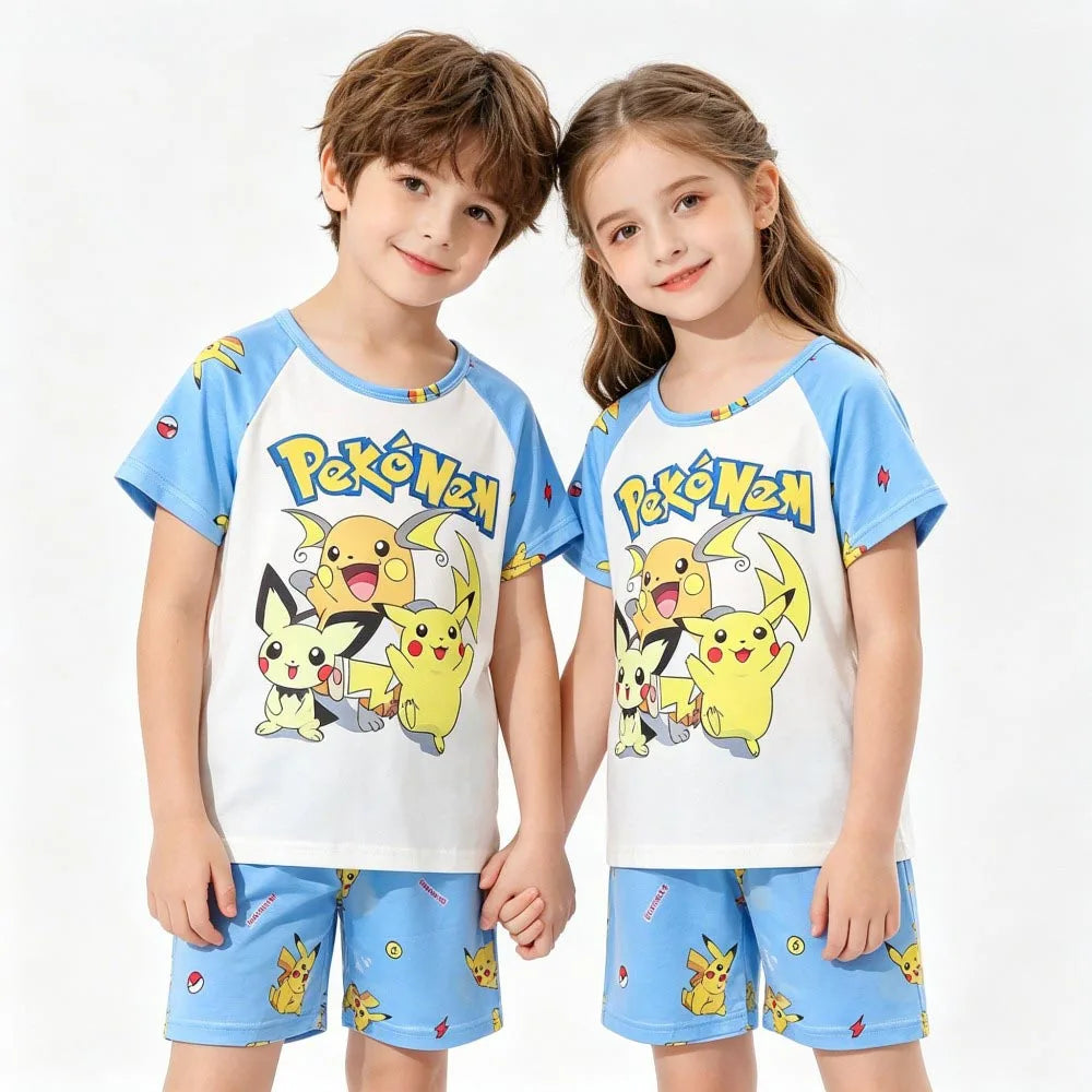 Animal Cartoon Boys Summer Pikachu Pajamas Sets Kids Summer Tops + Shorts Cartoon Sleepwear Pyjamas Toddler Kids Clothes Suits