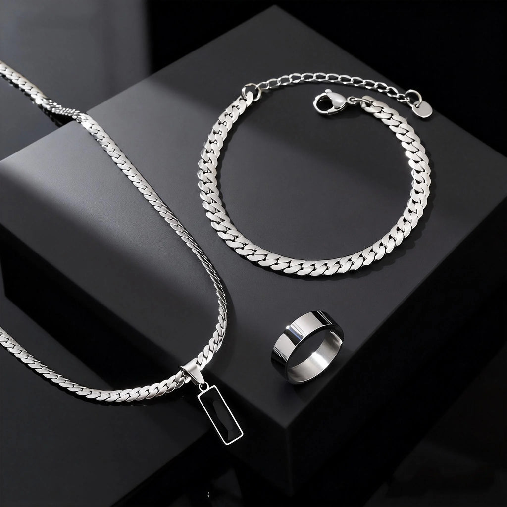 Men's Geometric Square Pendant Necklace, Simple Flat Cuban Chain Bracelet & Ring, Trendy Hip Hop Stainless Steel Jewelry Set