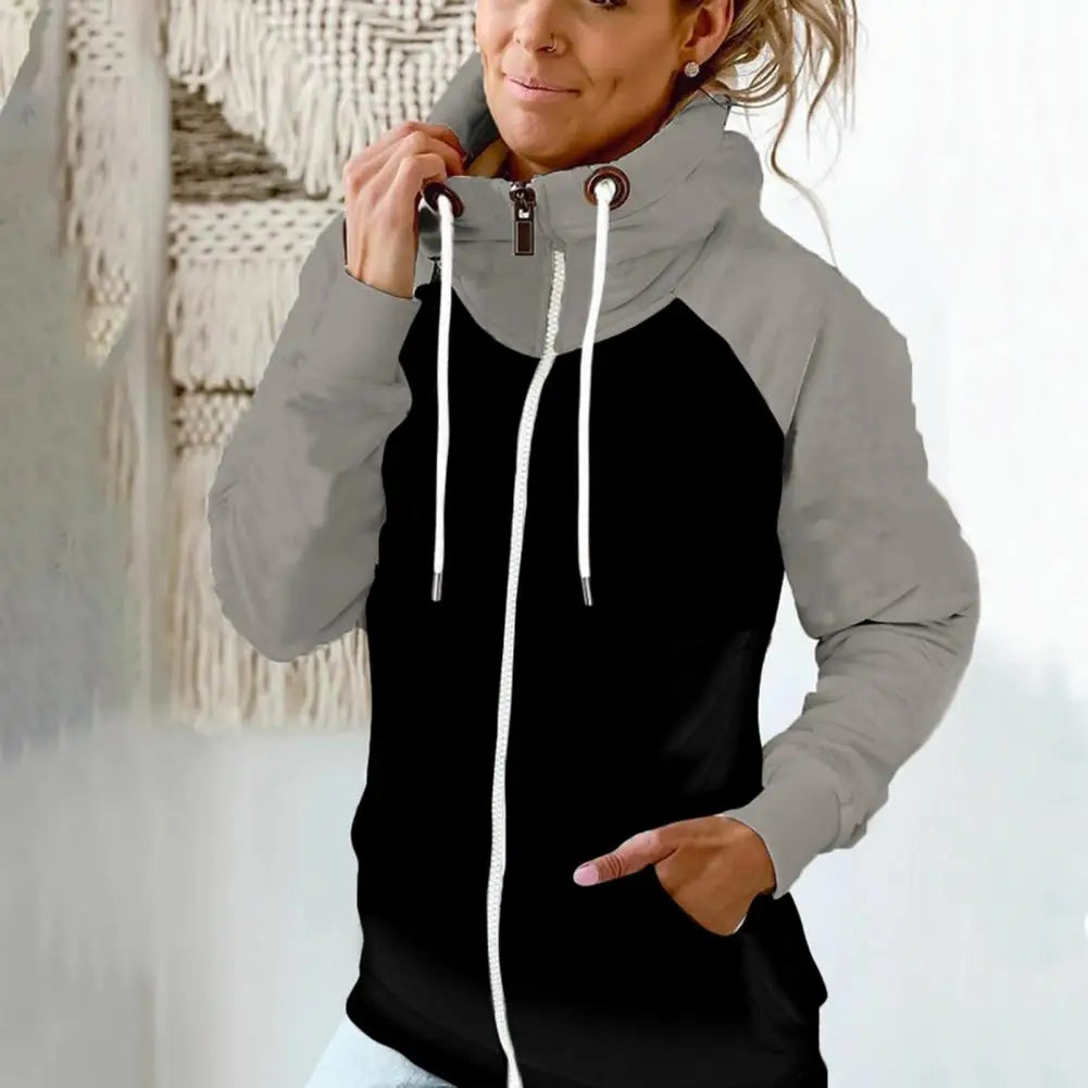 Drawstring Women Hoodie Zipper Hooded Fleece Contrast Color Cardigan Casual Lady Hoodie Casual Autumn Hoodie Lady Sweatshiet
