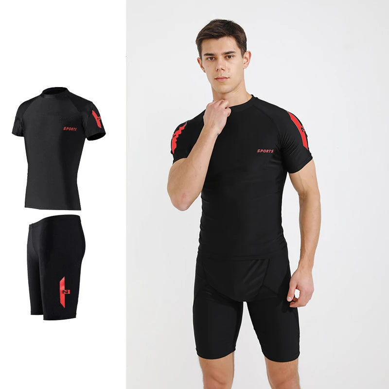 Swimwear Men 2 Piece Sets Tight Elastic Shorts Shirts Swimsuit Surf Board Bathing Suit Rash Guards Wetsuits Sports Beachwear New