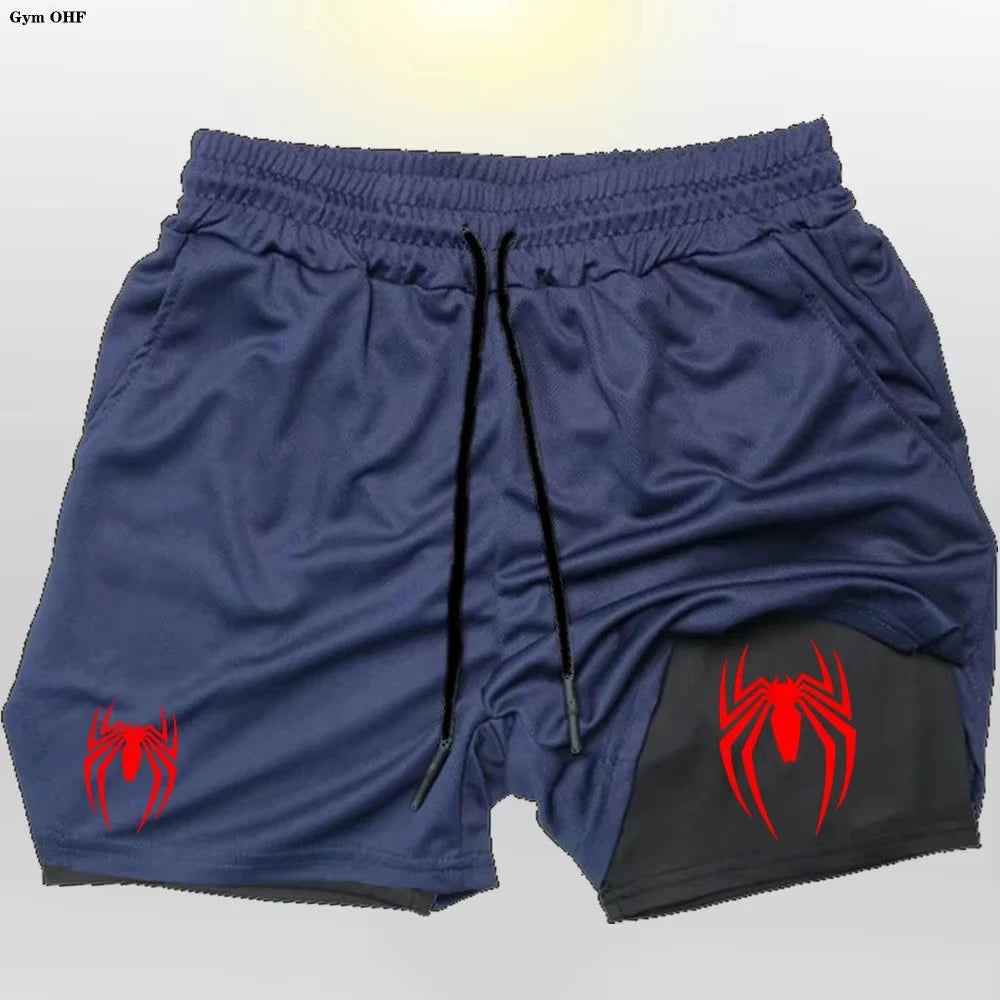 2026  Sport Shorts Men Spider Sportswear Double-Deck Running Shorts 2 In 1 Beach Bottoms Summer Gym Fitness Training Short Pants