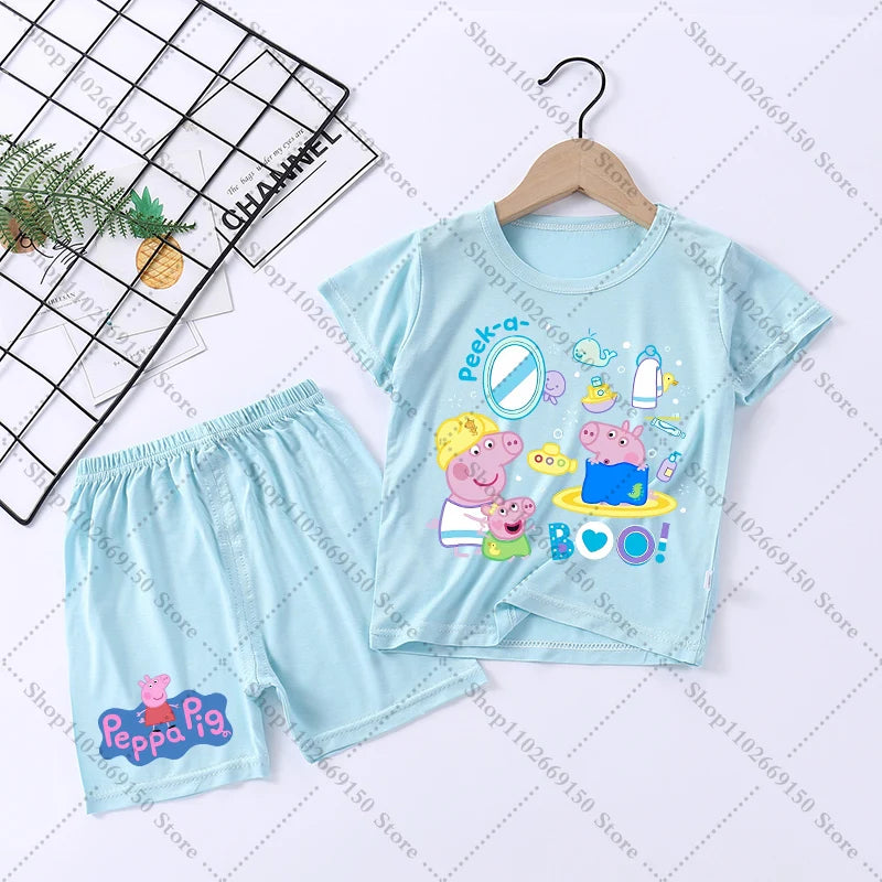 Children Anime Cute Pajama Set Cartoon Peppa Pigs Casual Pajamas Summer Clothing Nightwear Homewear Short Sleeve Loungewear Gift