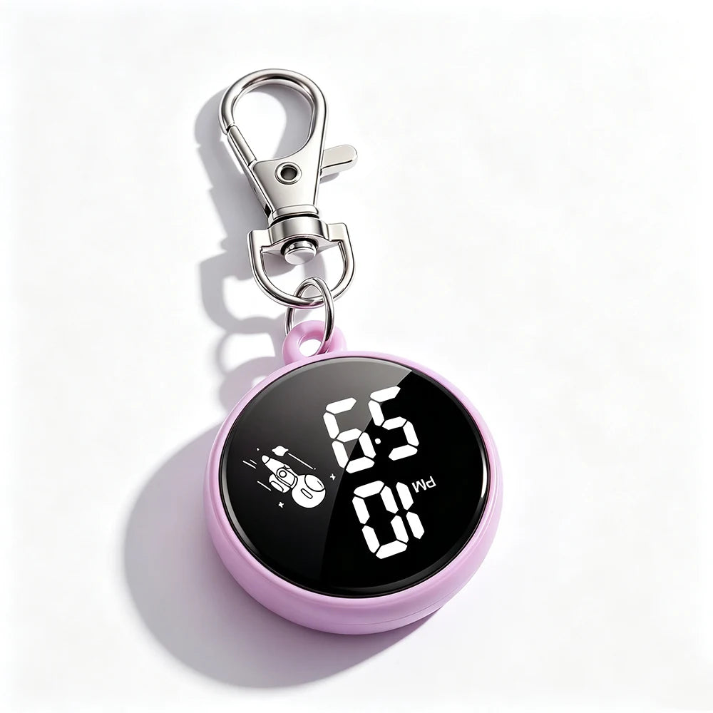 New Silent Digital Exam Keychain Watches for Kids Portable Round Hanging Backpack Large Screen Pocket Watch for Student Girls