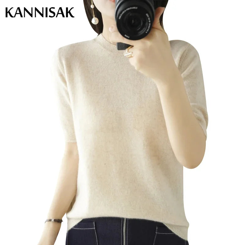 2025 Spring Summer Womens Sweater Short Sleeve O-neck Slim Fit Knitted Pullovers Bottoming Casual Knitwear Camel Pink Clothes