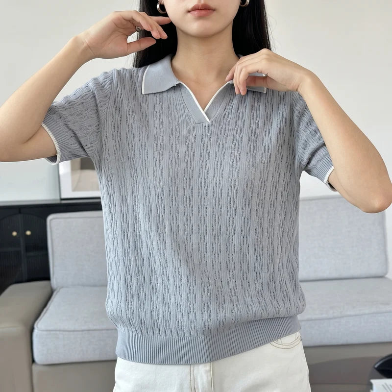 WinvyNee Spring Summer Women Cotton Polo V Collar Sweater Knitted Top Green Solid Short Sleeve Casual Pullover T-Shirt ZA1002042