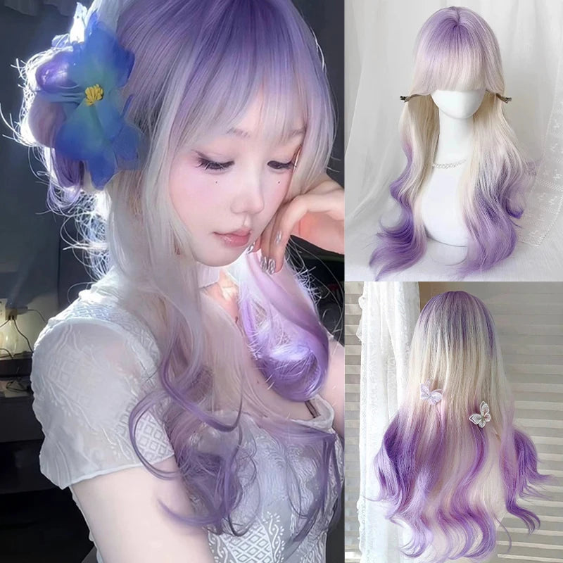 The Woman with a Wig Has a One-Cut Gradient Rainbow-Colored Bob Hairstyle, a Full Head Cover, and Short Collarbone Hair