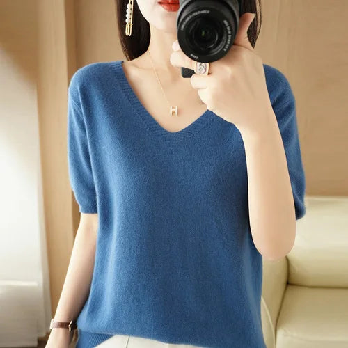 Women Sweater Casual Short Sleeve Pulls 2025 Spring Summer V-neck Knitwears Korean Fashion Shirts Tops Pullovers Soft Jumpers