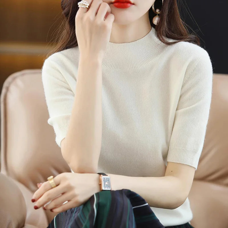Summer Cashmere Sweater  Women Solid Short Sleeve  Pullovers Jumper Knitted Sweaters