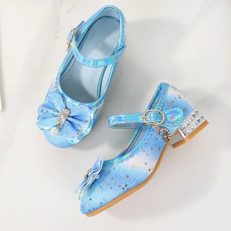 Chic Children High Heels New Wedding Party Girl Chic Princess Causal Shoes Fashion Rainbow Sequins Bowknot Kids Leather Shoes