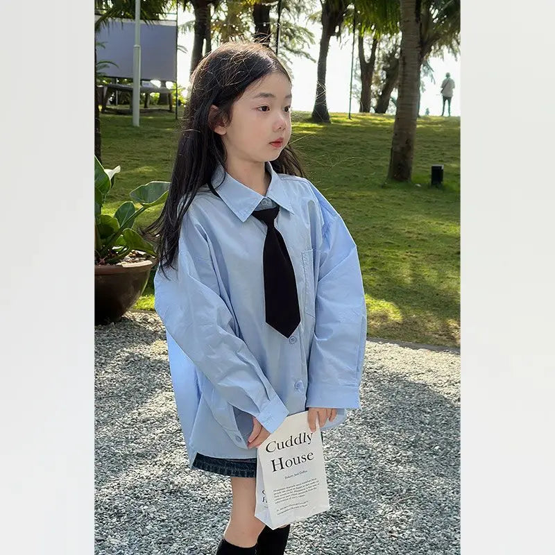 Girls Shirts Kids Clothes Korean 2024 New Fashion Spring Versatile Loose Casual Thin Solid Blouses Turn-down Collar Button