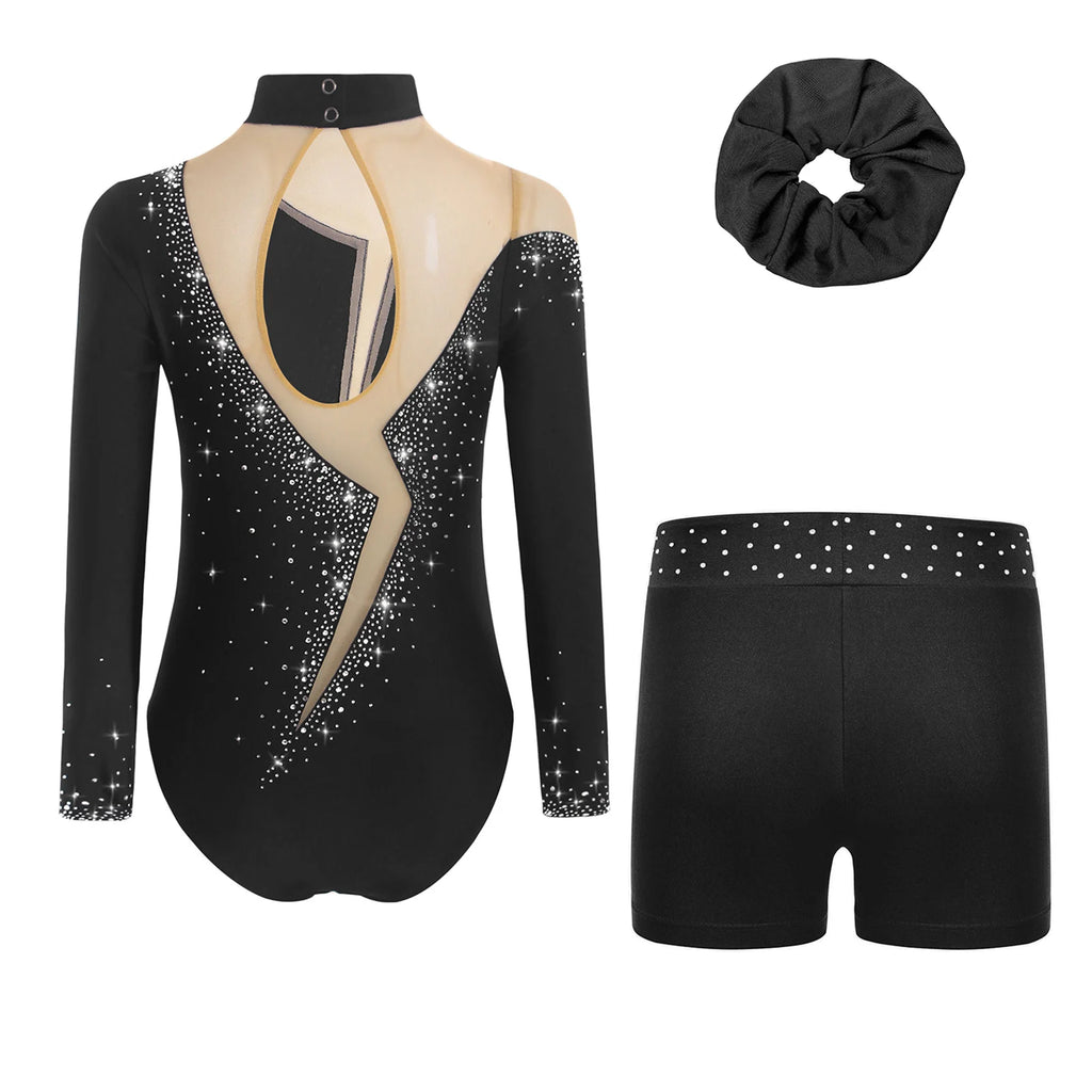 Kids Girls Ballet Dance Leotard With Body Shorts Hair Band Long Sleeve Workout Outfits Gymnastics Jersey Bodysuit Clothes