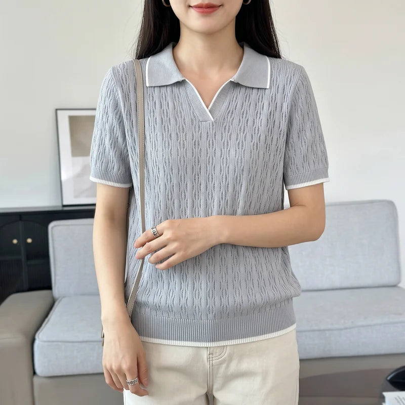 WinvyNee Spring Summer Women Cotton Polo V Collar Sweater Knitted Top Green Solid Short Sleeve Casual Pullover T-Shirt ZA1002042