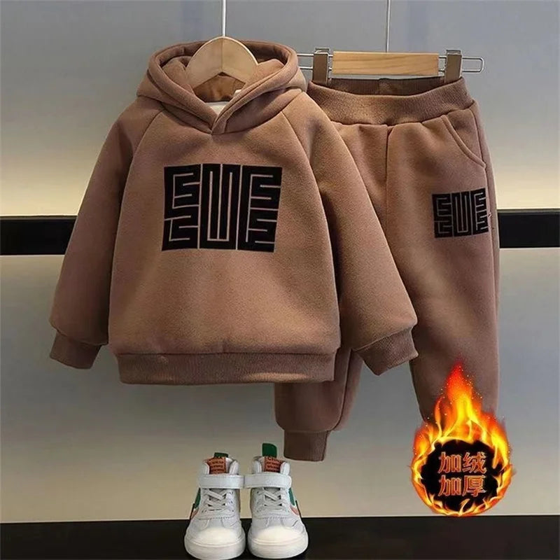 Kids Sweatshirts Sets Winter Children Plus Velvet Thick Warm Suit Boys Girls Hooded Pullover+Pants 2Pcs Cotton Tracksuit Outfits