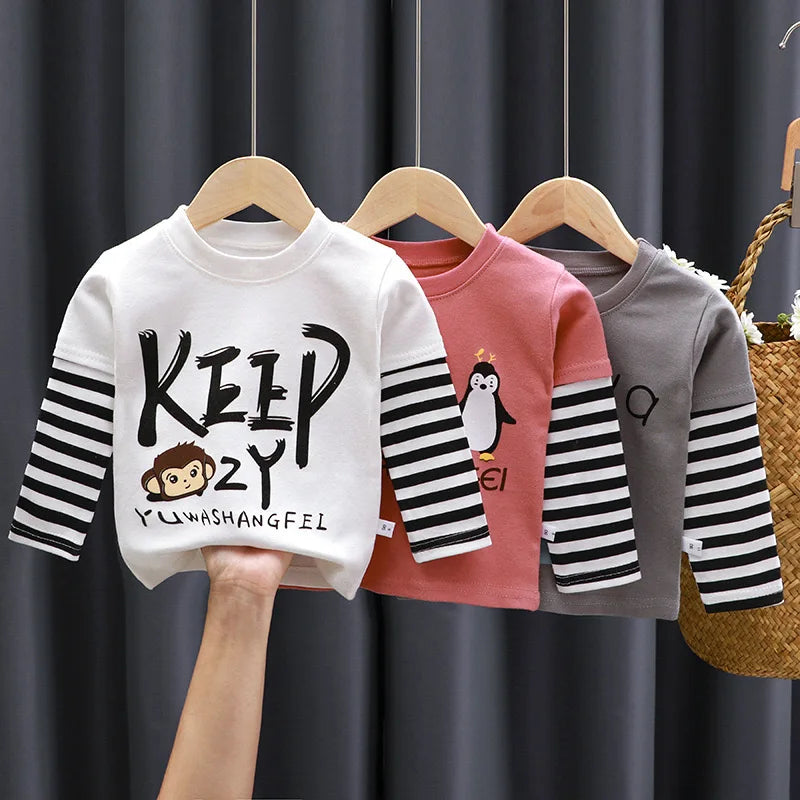 Kids Spring Autumn Long Sleeve Tops Boys Girls Cute Cartoon Shirts Toddler Daily Bottoming Tees Baby Soft Casual Outfits