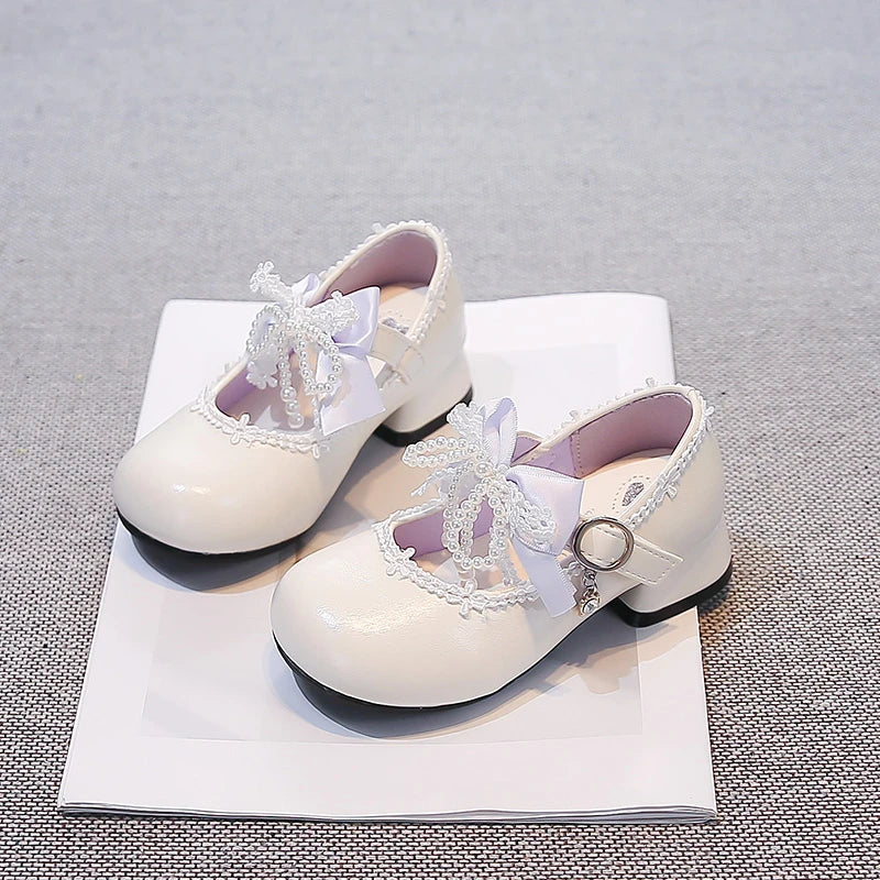 Girls Leather Shoes High Heels Kids Princess Shoes for Party Wedding 2026 Brand New Children Dance Shoes Sweet Beading Bows