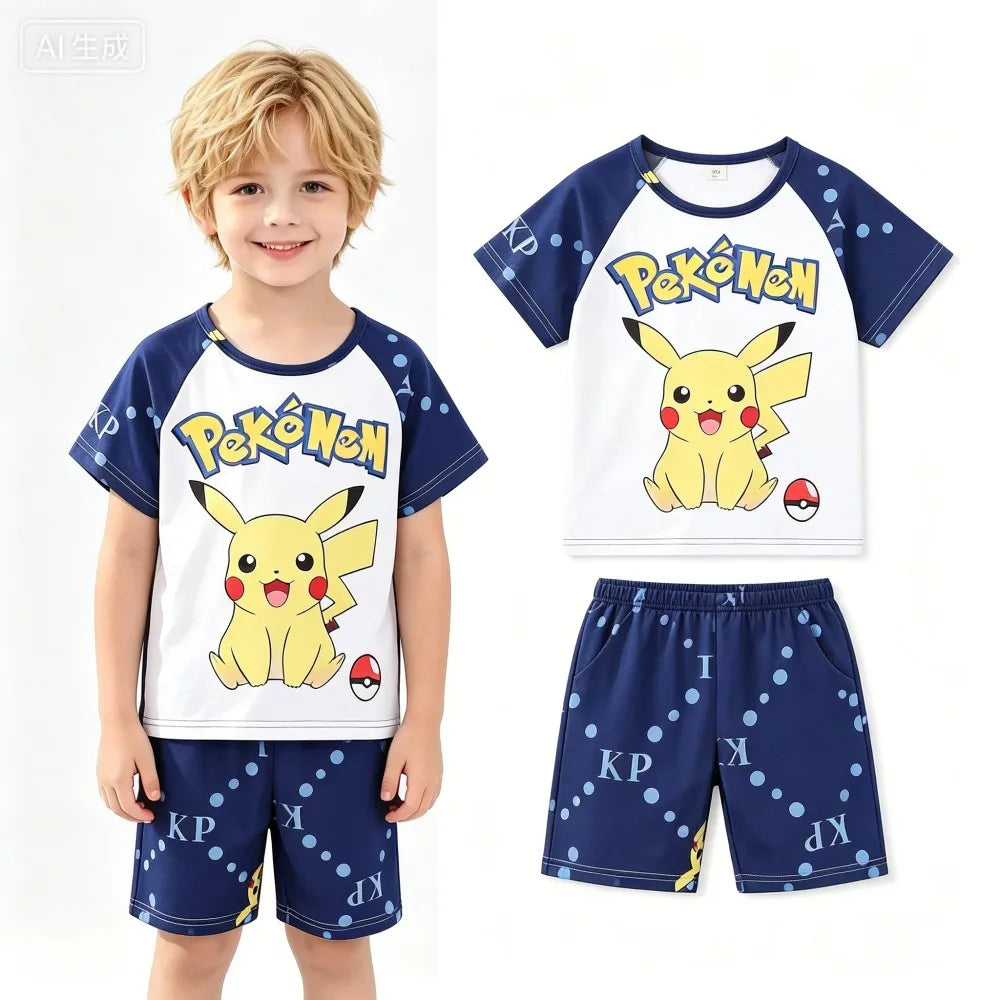 Animal Cartoon Boys Summer Pikachu Pajamas Sets Kids Summer Tops + Shorts Cartoon Sleepwear Pyjamas Toddler Kids Clothes Suits