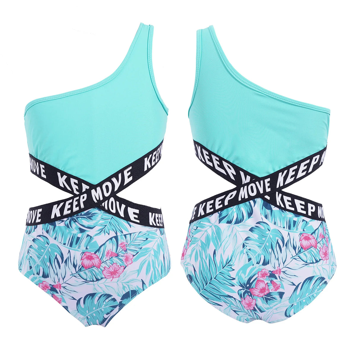 Kids Girls Hollow Out One-piece Swimwear Single Shoulder Letter Print Bodysuit Swimsuit Pool Bathing Suit Beachwear Sportswear