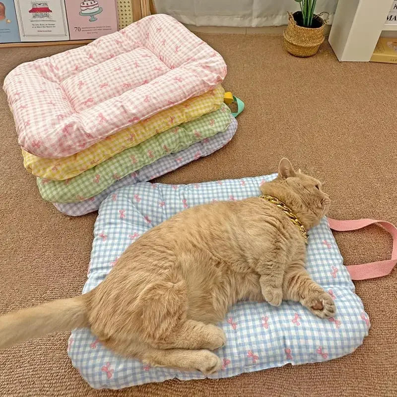 Cute Soft Checkered Bow Pet Bed Universal Four Season Usage Dog and Cat Cotton Mattress Furniture and Accessories for Pets.