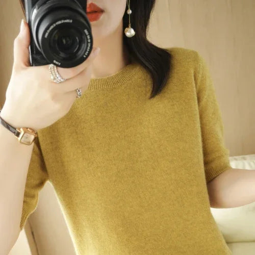 2025 Spring Summer Womens Sweater Short Sleeve O-neck Slim Fit Knitted Pullovers Bottoming Casual Knitwear Camel Pink Clothes