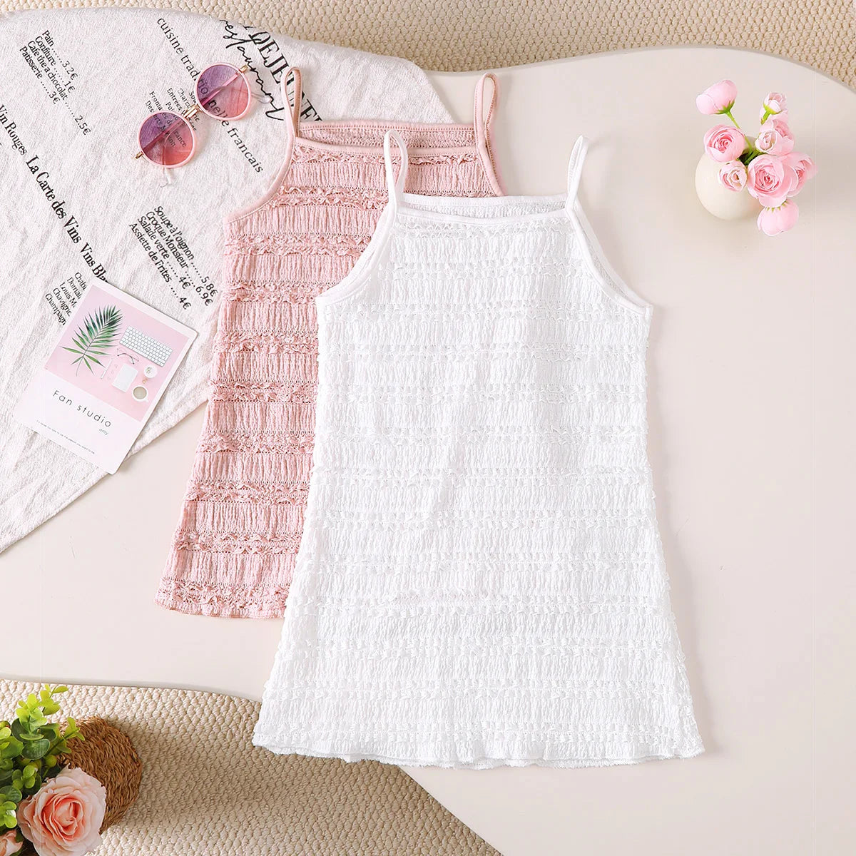 Kid Girls' Dress Comfortable Solid Color Ruffle Strap Dress Suitable for 1-6 Year Old Girls Summer Casual Dress