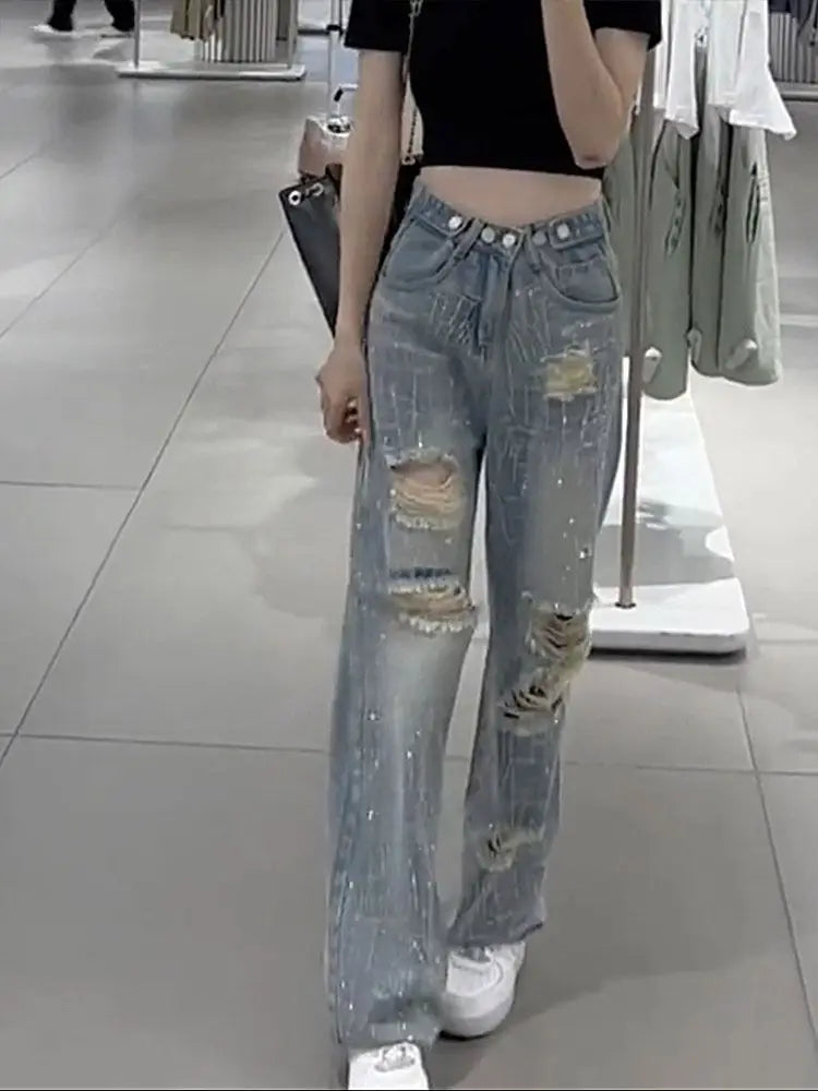Female Cowboy Pants with Rhinestones Women's Torn Jeans High Waist Shot Wide Leg Trousers Summer Unique Shiny Original Pant 90s