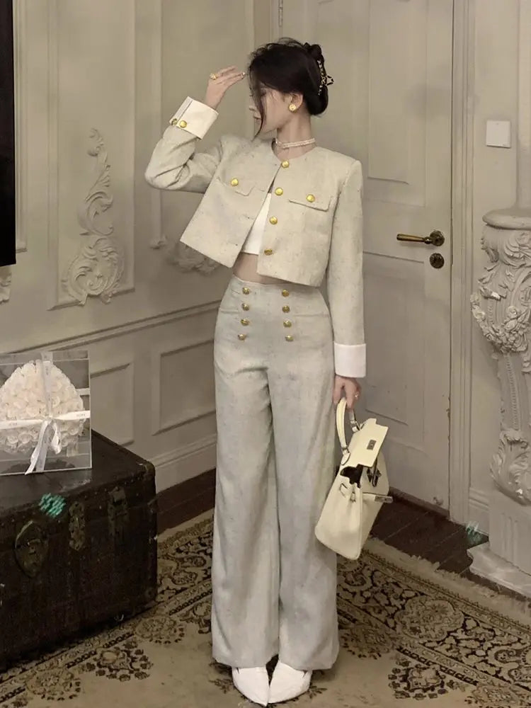 2025 Spring Autumn Women's Retro Casual Suit Jacket Wide Leg Pants Set Commuting Solid Round Neck Single Breasted Two-piece Sets
