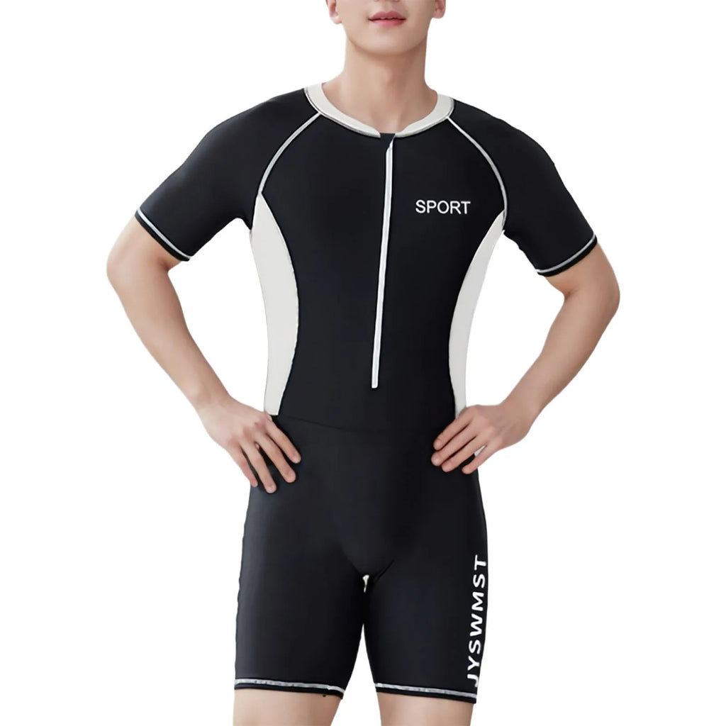 Mens Swim Leotard Summer One-Piece Rash Guard Swimsuit Bathing Suit Beachwear Swimwear Short Sleeve Front Zipper Jumpsuit Romper