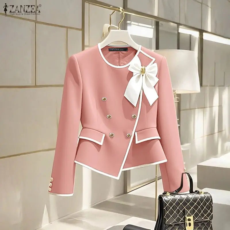 ZANZEA Elegant Blazer Autumn Double Breasted Long Sleeve Coats Women Fashion Bow Office Outerwear 2025 Casual Street Jackerts
