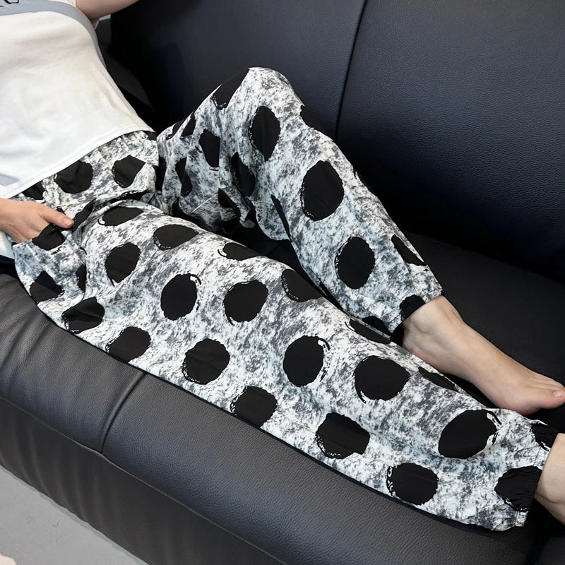 Cool Summer New Silk Cotton Spwear Loose Women's Wide Leg Pants Home Wear Floral Print Heat Resistant Comfortable Casual T...