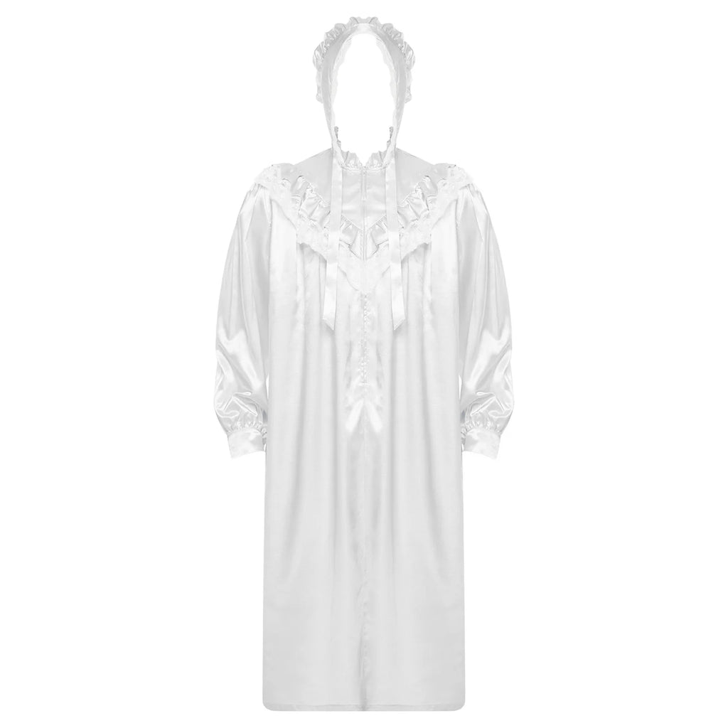 Mens Pajamas Party Vintage Victorian Style Nightgown with Hat Set Ruffled And Lace Trim Long Sleeve Front Zipper Sleep Dress