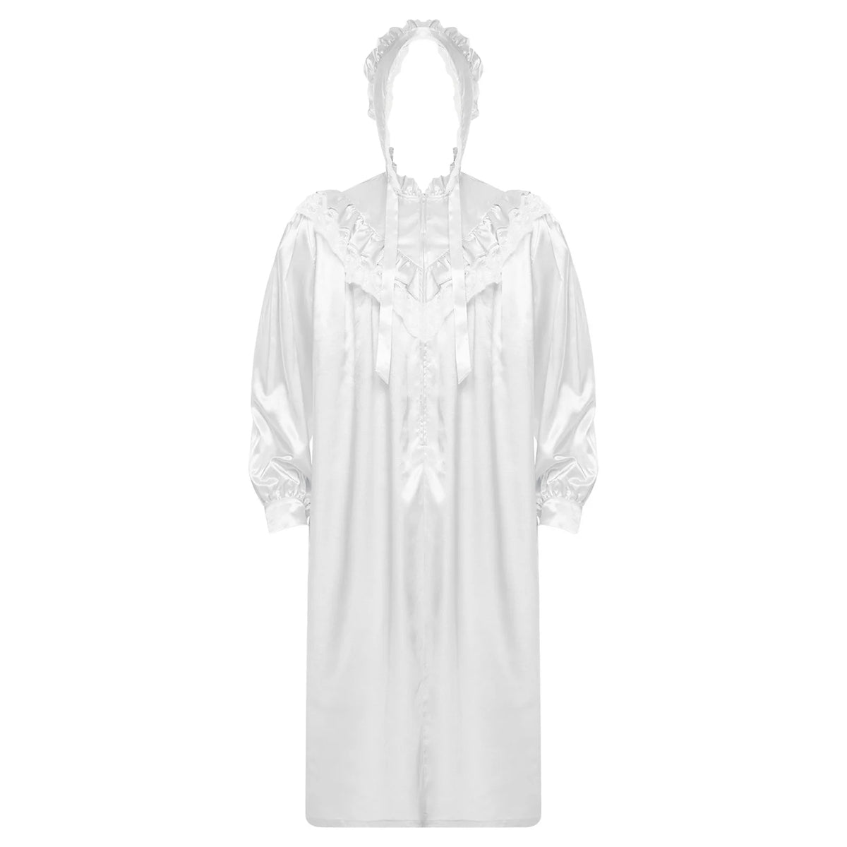 Mens Pajamas Party Vintage Victorian Style Nightgown with Hat Set Ruffled And Lace Trim Long Sleeve Front Zipper Sleep Dress