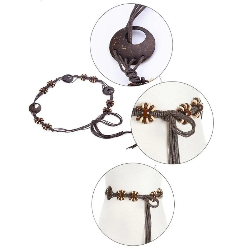 652F Women Braided Waist Belt Vintage Thin Bohemian Belts with Beads Decors Decorative Cool Girls Dress Shirt Waist Belt