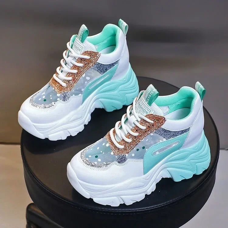 Shoes for Women Platform Shoes Autumn Women Casual Breathable Mesh Sequin Sneakers Wedges Sports Lace-up Non-slip Shoes