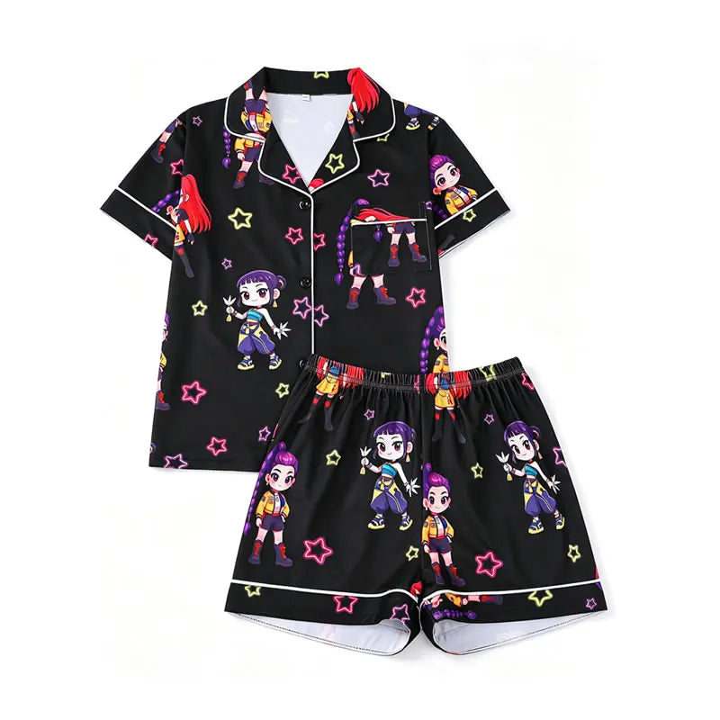Kids K-Pop Cartoon Pajama Set Rumi Mira Zoe Korean Girl Print Lapel Top+Shorts 2pc Outfit Sleepwear Pyjamas Home Wear