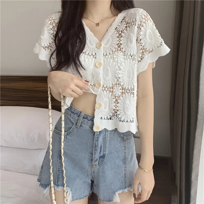 Women's ort Sve Open Cardigan Knitted Sweater Hollow out Thin Summer Korean Sle Versatile ort Cover up Base Top