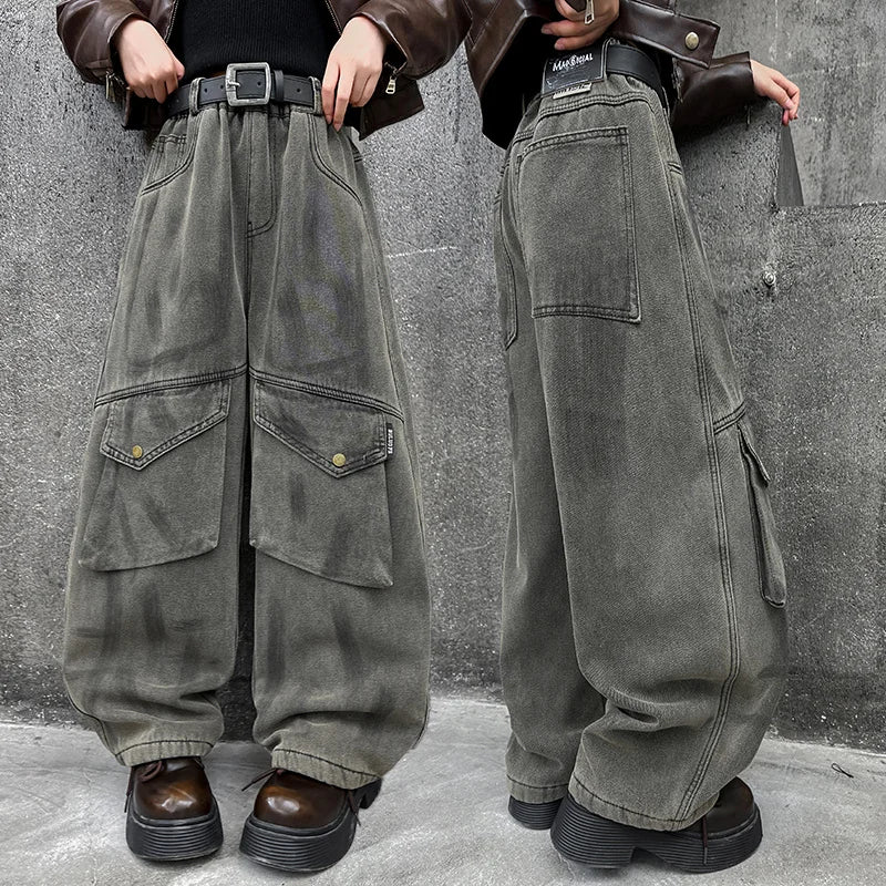 Kids Luxury Distressed Baggy Jeans with Belt for Boys And Girls Heavy Industry Denim Cargo Pants Children High Quality Trousers